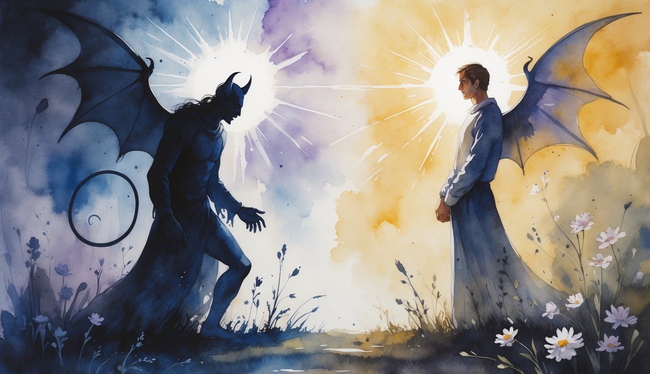 A person standing confidently between a dark shadowy figure and a warm glowing light, symbolizing a struggle between doubt and faith.