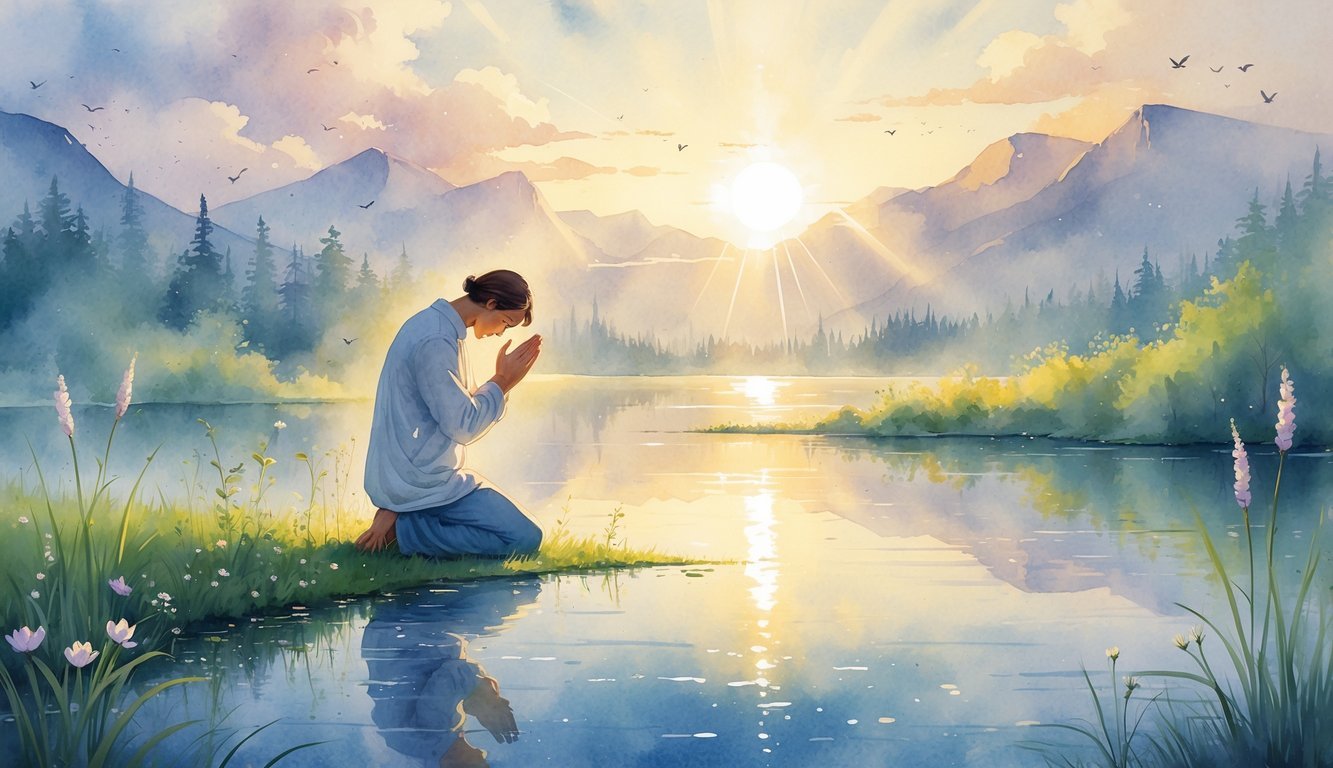 A person kneeling in prayer by a calm lake at sunrise, surrounded by mountains, flowers, and birds.