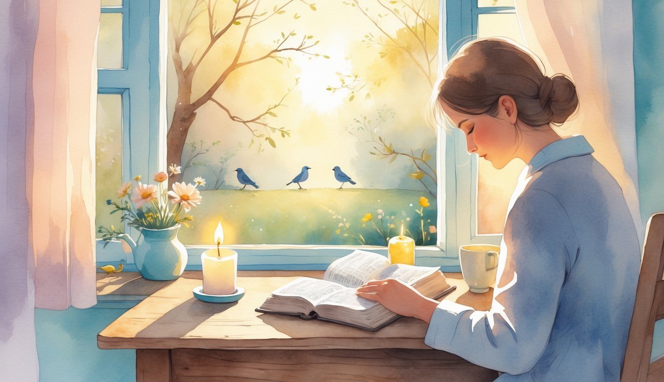 A person sitting at a wooden table holding an open Bible with a cup of tea nearby, sunlight streaming through a window onto a peaceful garden with birds and flowers.