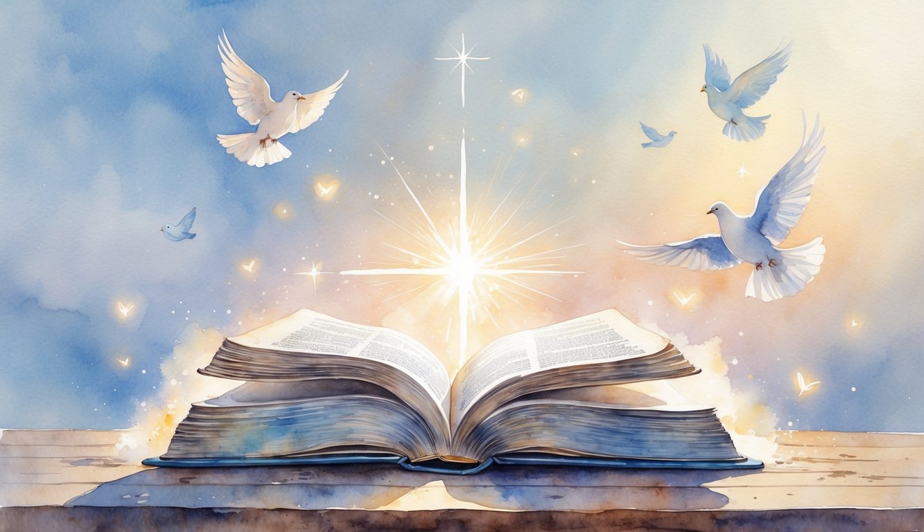 An open book on a wooden table surrounded by glowing light, doves flying gently, and a calm sky in soft pastel colors.