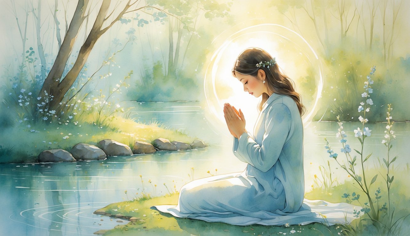 A person kneeling in prayer outdoors surrounded by soft light, flowers, and trees near flowing water.
