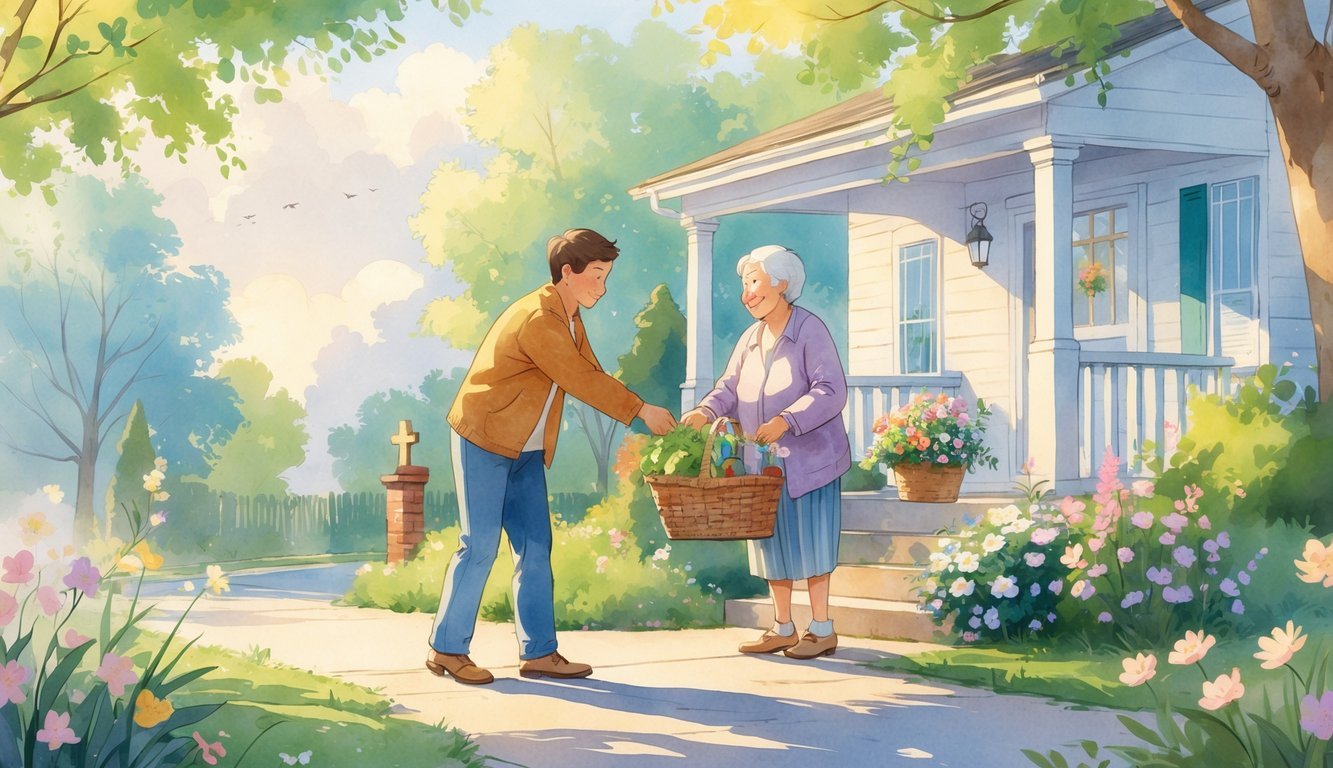 A person helping an elderly neighbor carry groceries outside their home in a sunny neighborhood with trees and flowers.