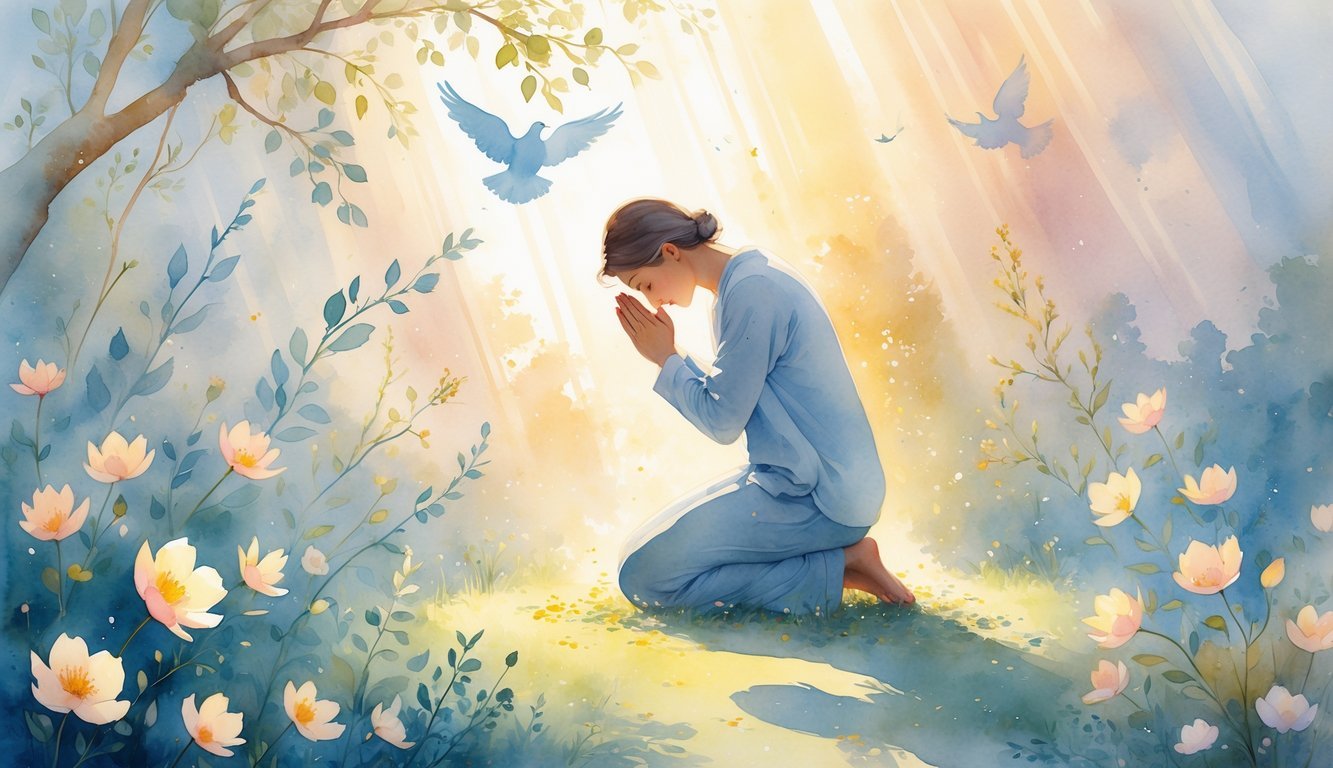 A person kneeling in prayer in a peaceful garden at dawn, surrounded by soft light, flowers, and faint glowing doves.