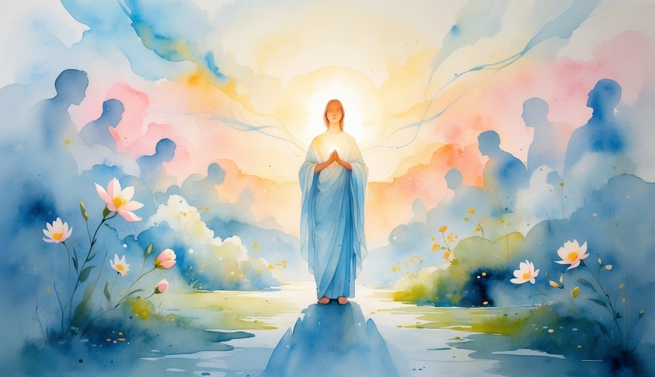 A radiant figure standing amid soft light with shadowy shapes around, a winding path, blooming flowers, and a warm sunrise sky in the background.