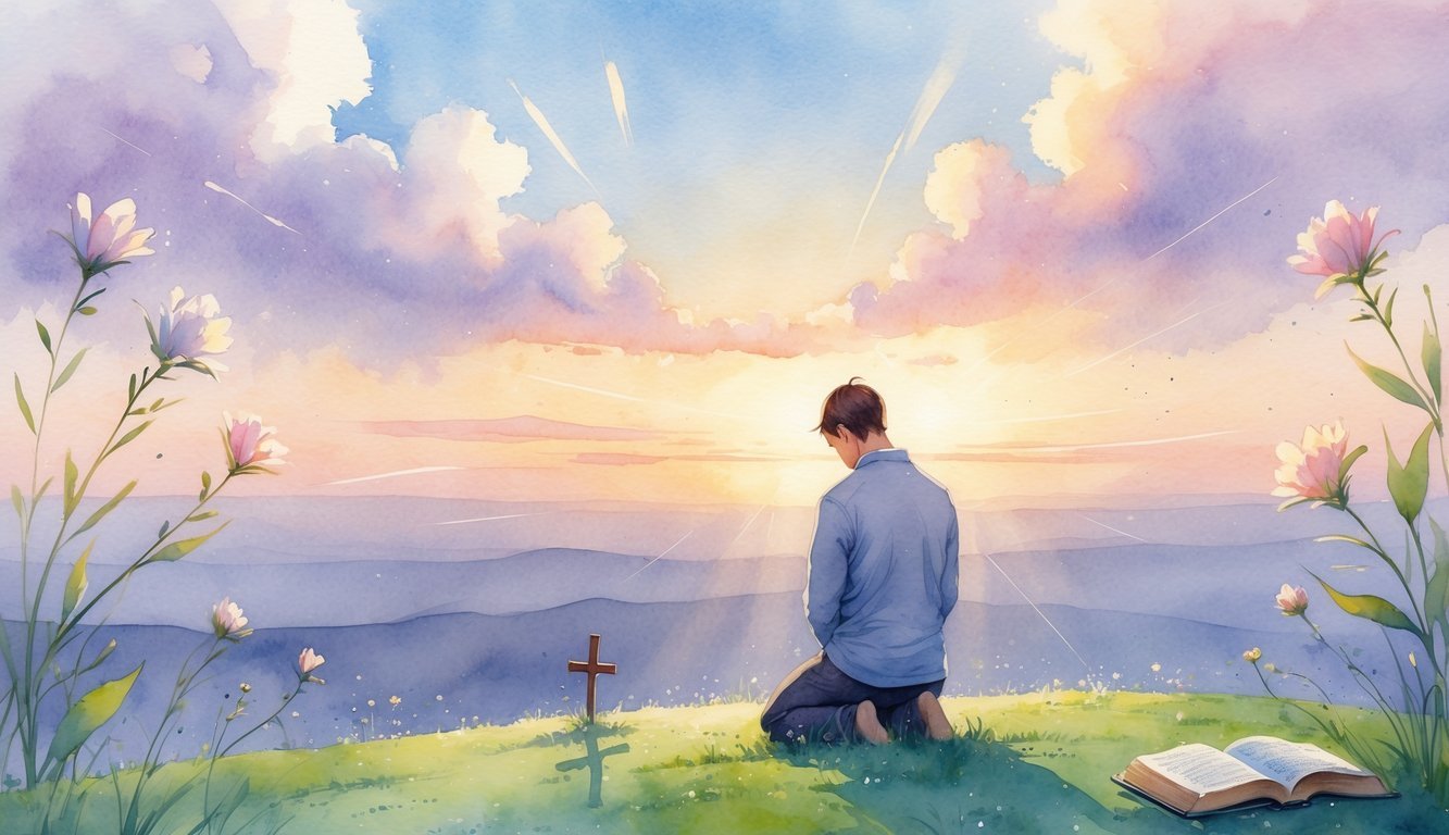 A person kneeling in prayer on a grassy hilltop at sunrise with soft light and nature surrounding them.