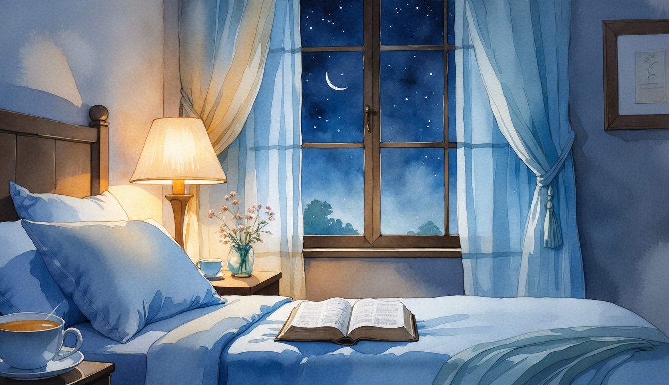 A peaceful bedroom at night with a glowing bedside lamp, an open Bible on the nightstand, a cup of tea, flowers, and a window showing stars and a crescent moon.
