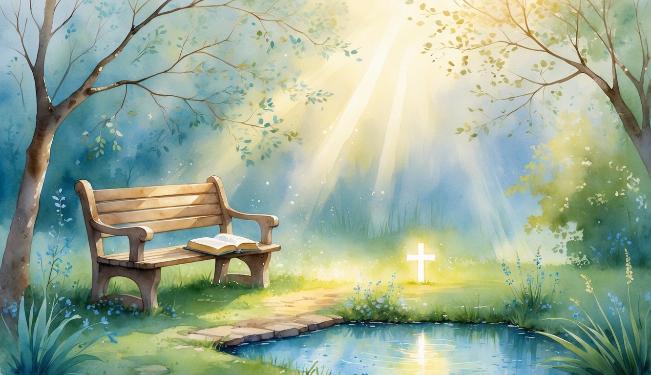 A peaceful garden with a wooden bench beside a pond, hands folded in prayer above an open Bible, surrounded by trees and soft sunlight.
