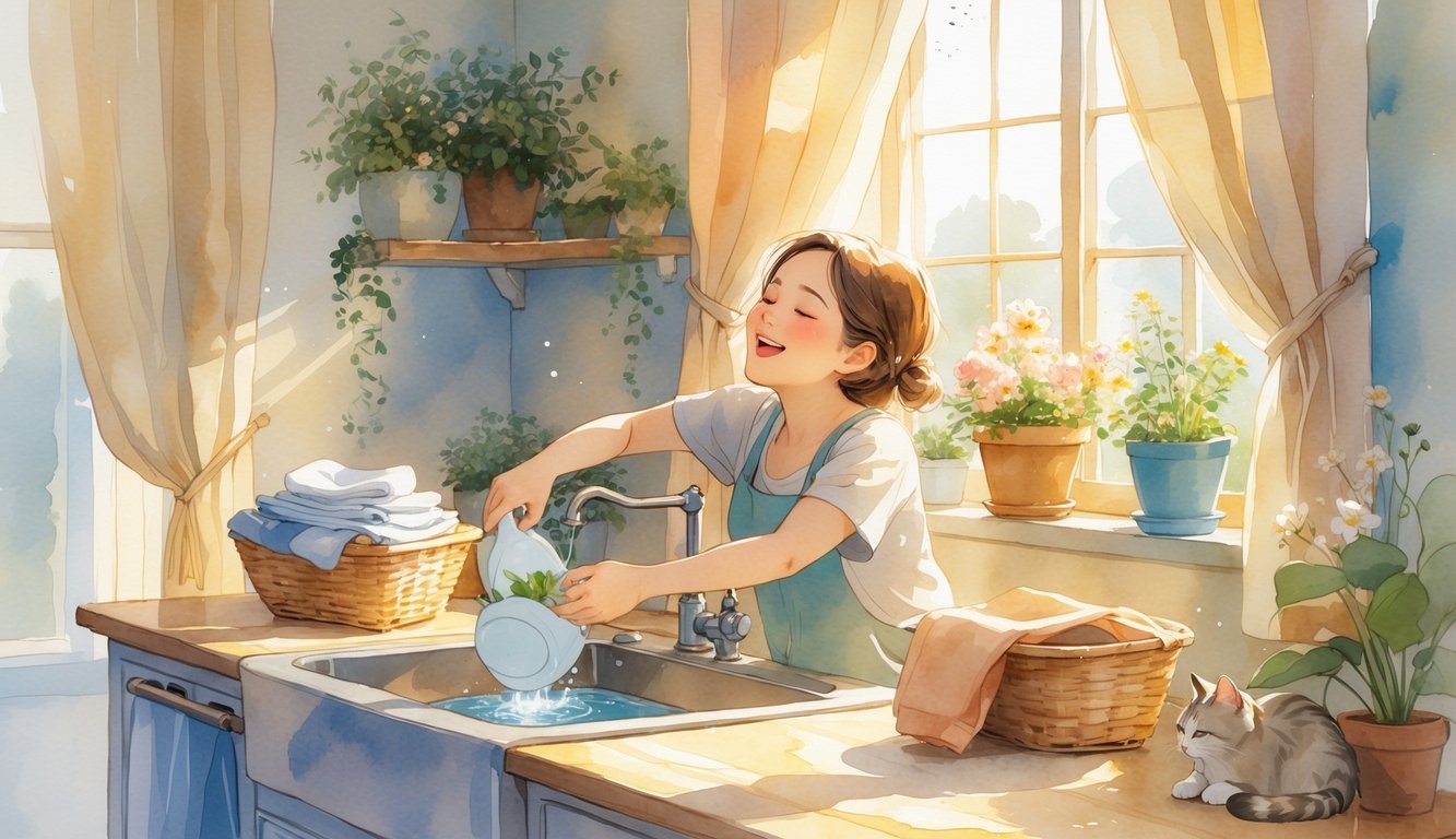A person happily washing dishes in a sunlit kitchen with plants on the windowsill and a cat sleeping on the floor.