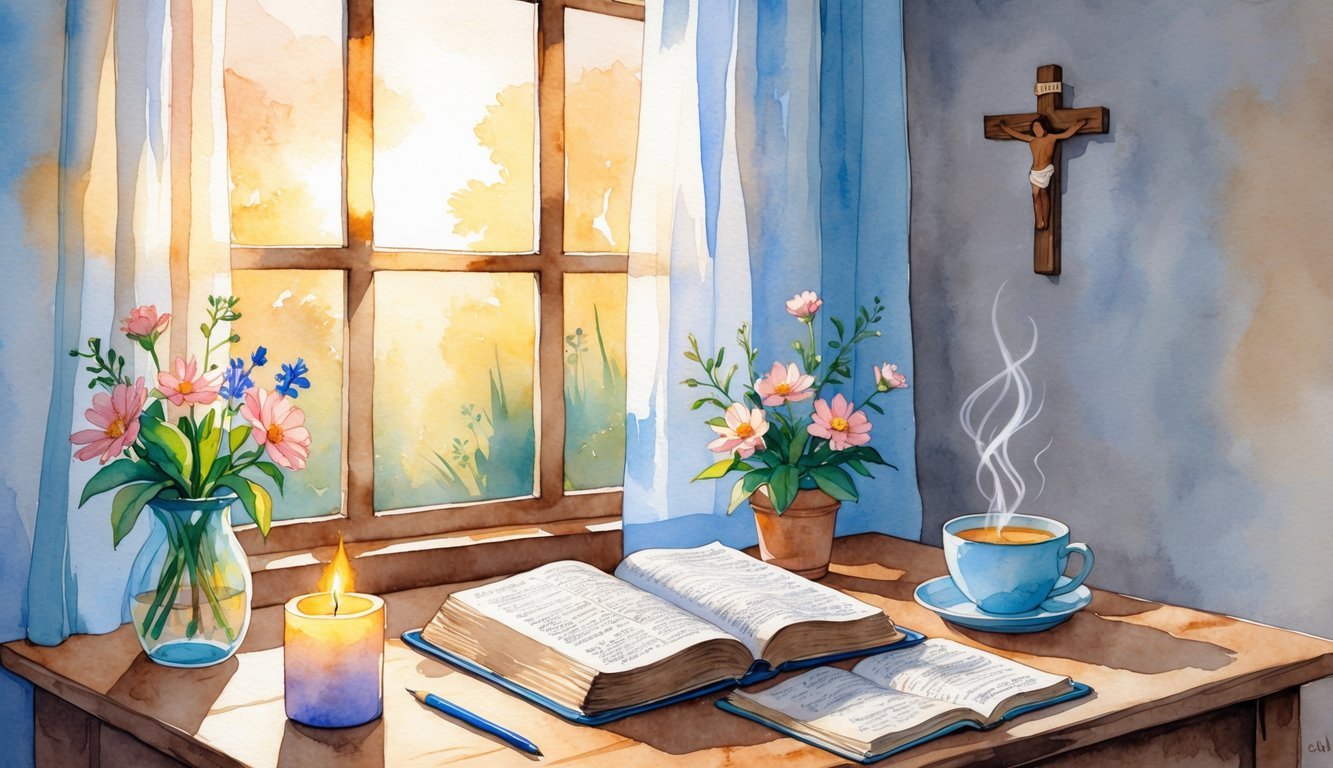 A person reading a Bible at a wooden table with a lit candle, a cup of tea, and a vase of flowers, sunlight streaming through a window illuminating a cross on the wall.