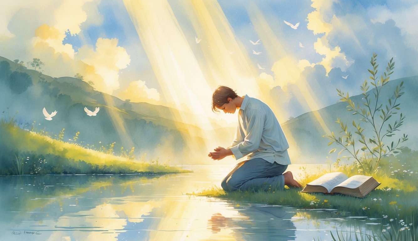A person kneeling in prayer by a calm lake at sunrise, surrounded by nature with an open book, olive branches, and doves flying in the sky.