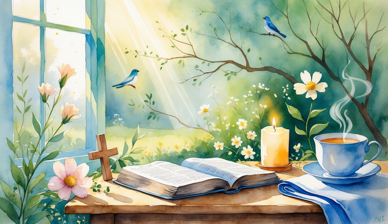 A peaceful morning scene with an open Bible, a cup of tea, a lit candle, and a small wooden cross on a table near a window, overlooking a calm garden with birds and greenery.