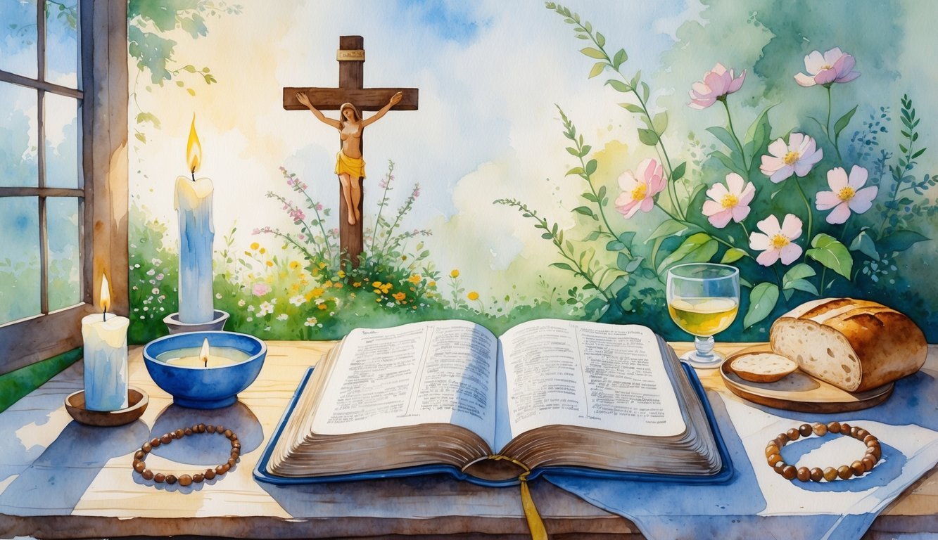 An open Bible on a wooden table surrounded by symbols of Christian faith, including a lit candle, water bowl, rosary, journal, bread and wine, a cross, and sandals, set against a peaceful garden background.