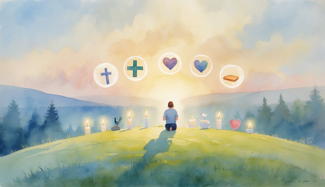 A person kneeling in prayer on a grassy hill at sunrise surrounded by seven glowing symbols representing Christian spiritual disciplines.