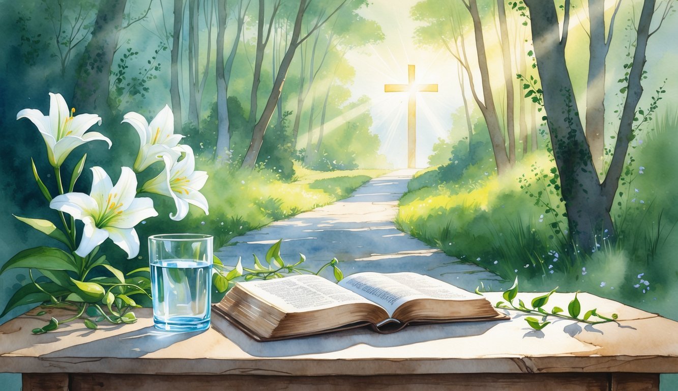 A peaceful outdoor scene with a wooden table holding a glass of water and an open Bible, surrounded by flowers and greenery, with sunlight shining through trees toward a distant cross on a hill.
