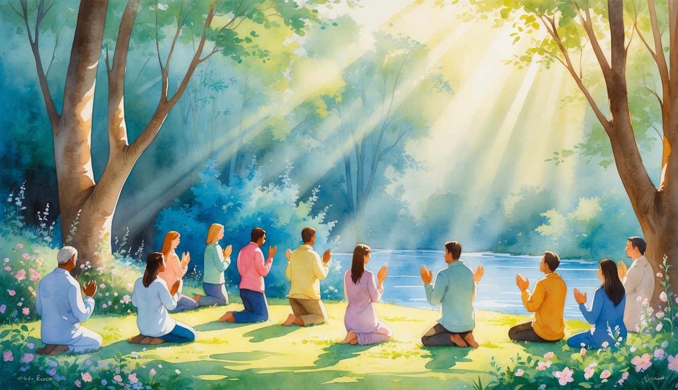 A group of people worshiping and praying together outdoors in a peaceful garden with trees, flowers, and a flowing river.