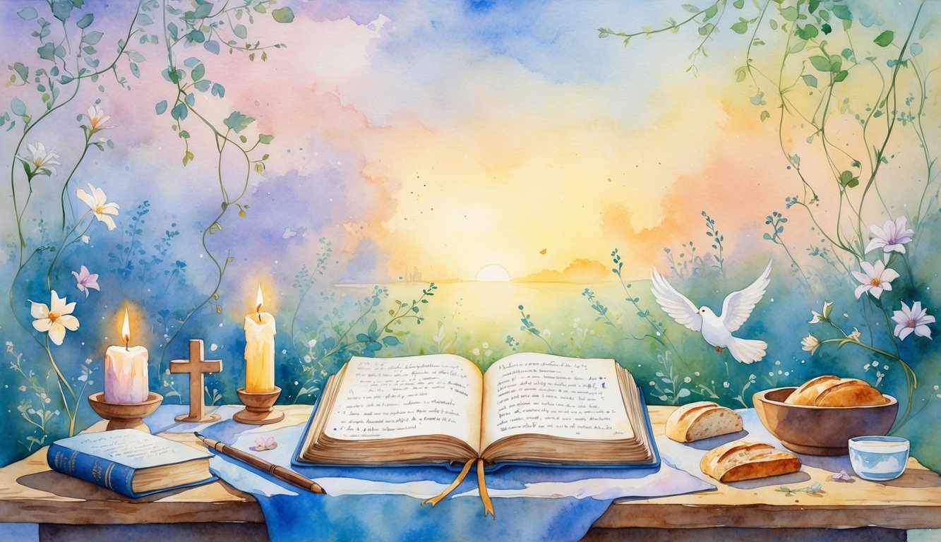 A peaceful scene with an open journal on a wooden table surrounded by symbols of Christian faith, glowing light, and a sunrise over a natural landscape.
