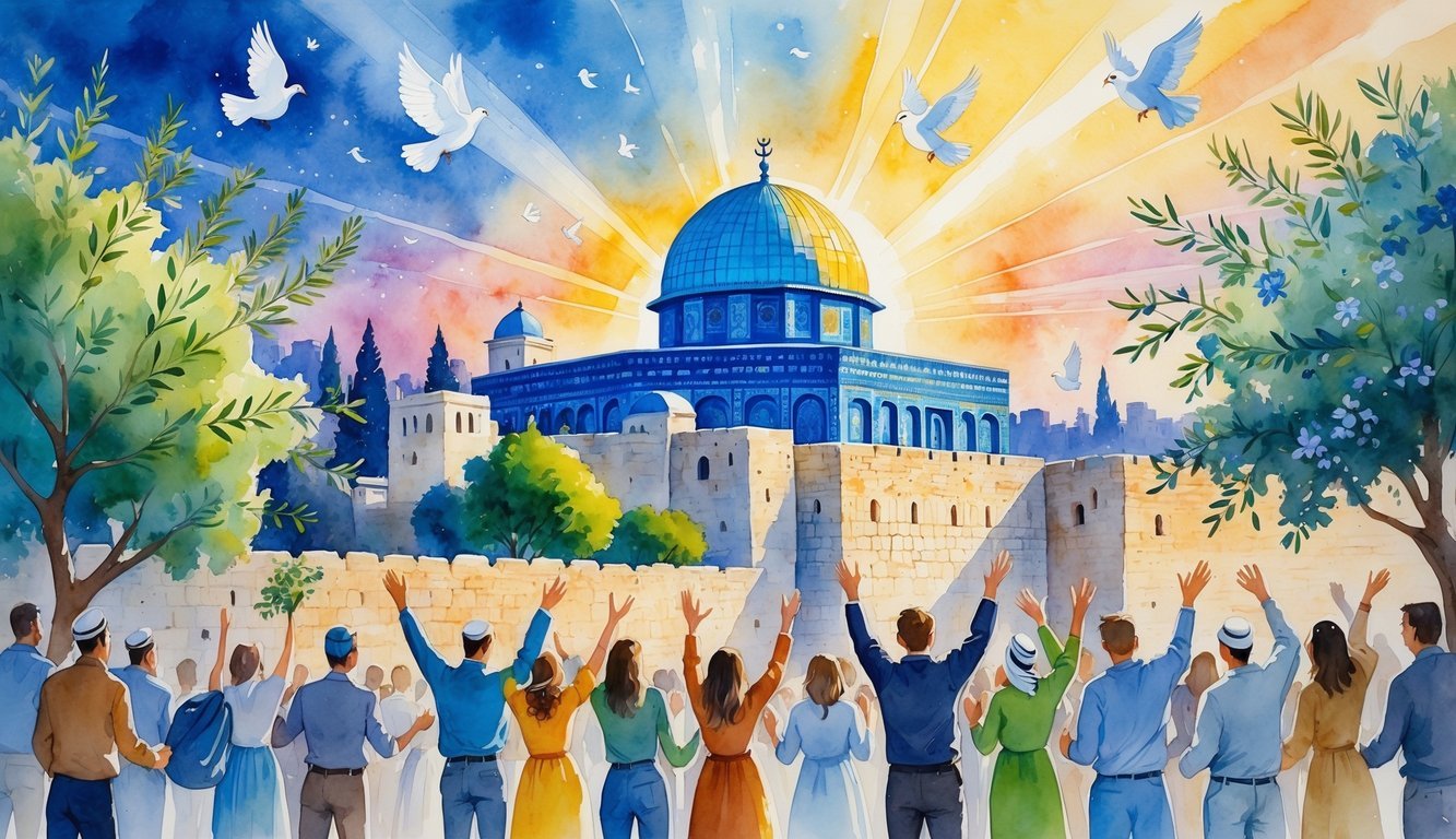 A sunrise over Jerusalem with people celebrating, olive trees, doves flying, and historic landmarks like the Dome of the Rock and Western Wall.