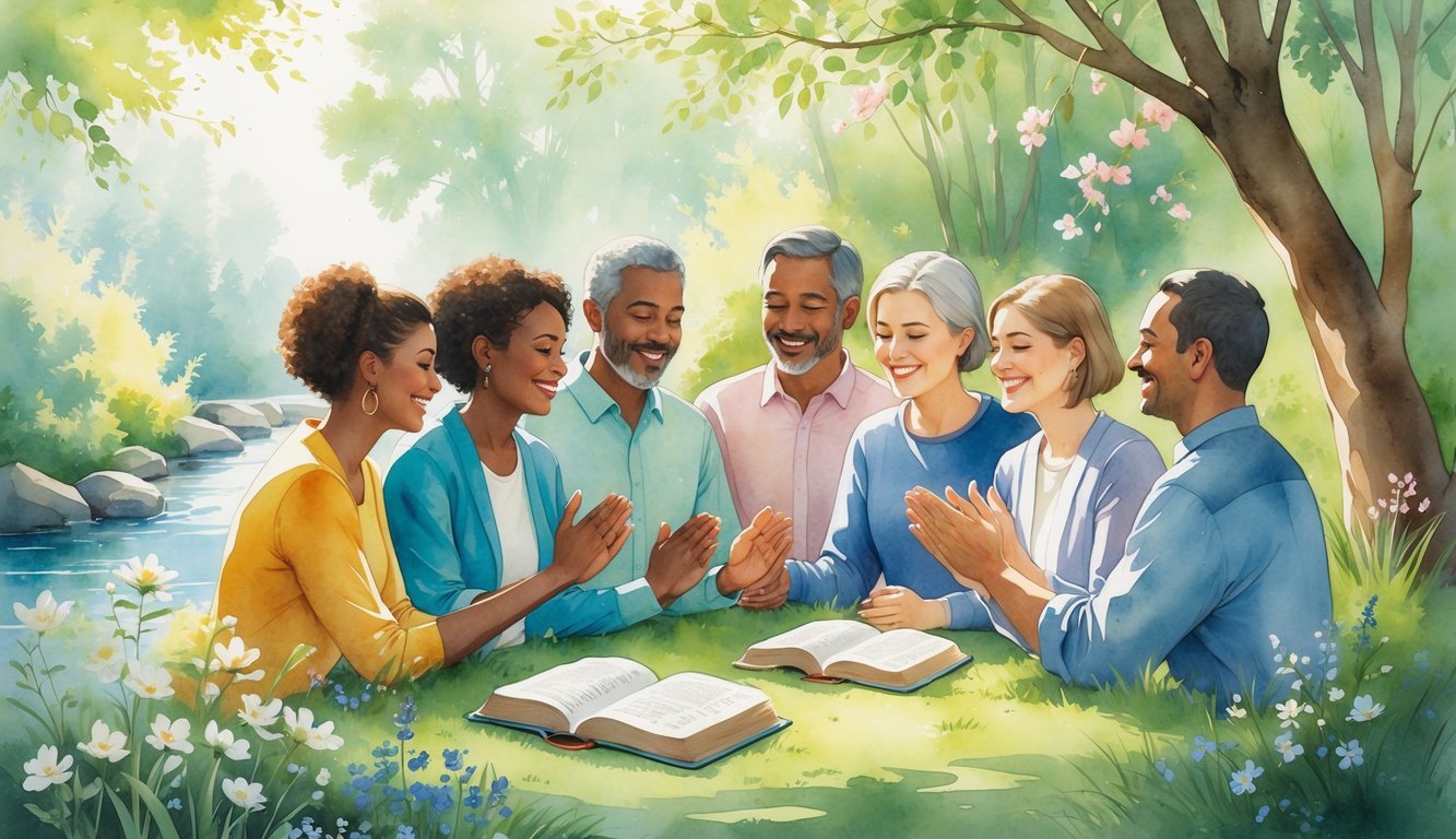 Seven people gathered outdoors in a peaceful setting, sharing a moment of fellowship surrounded by trees, flowers, and a flowing stream.