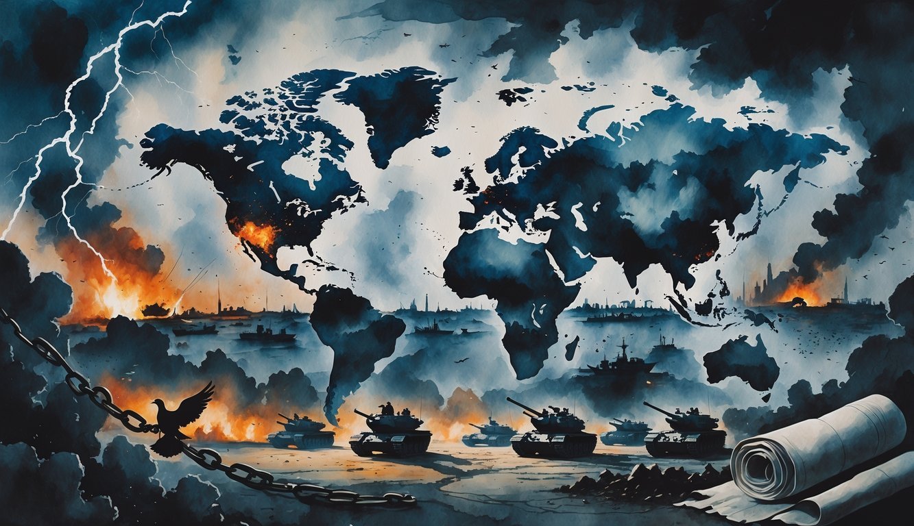 A world map blending into scenes of global conflicts with soldiers, tanks, smoke, and stormy skies, alongside symbolic elements like doves and broken chains.