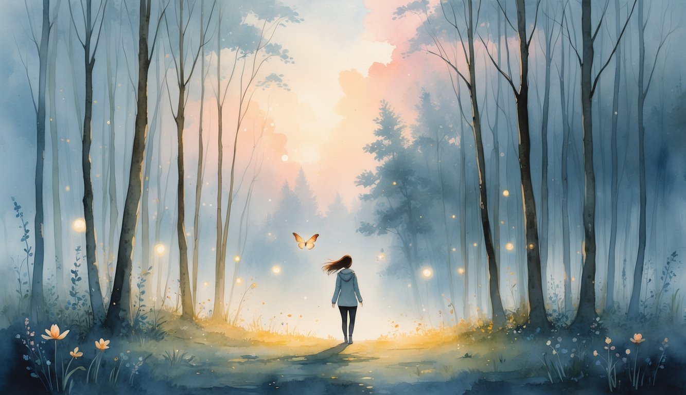 A person stands at the edge of a forest clearing at dawn, surrounded by budding flowers and butterflies, with soft light shining through the trees.