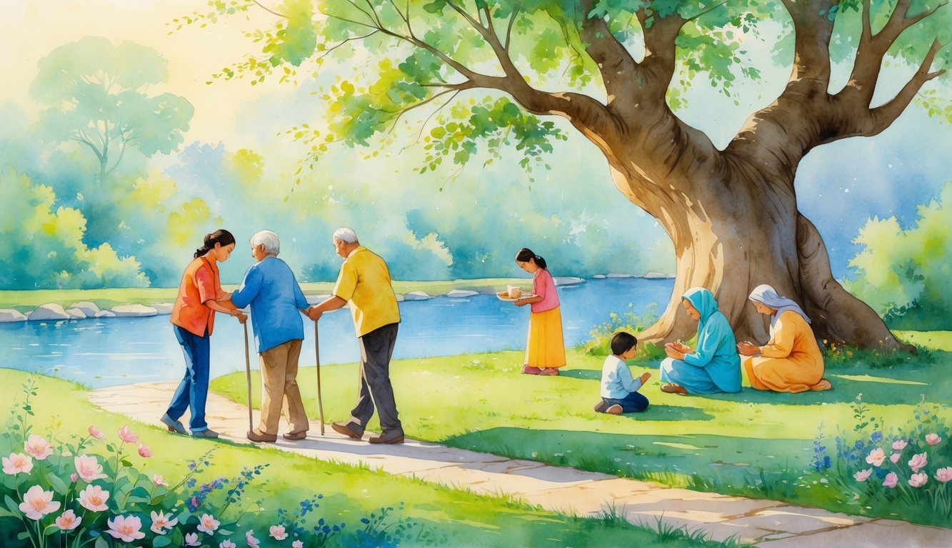 A group of people helping each other and praying outdoors near a garden and river.