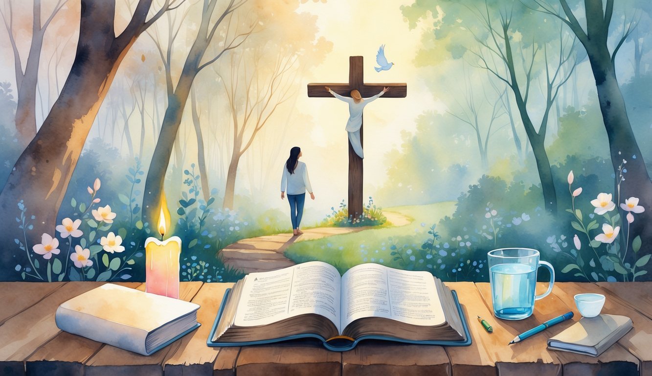 A peaceful outdoor scene with an open Bible, praying hands, a lit candle, a cross among flowers, a person walking on a forest path, a cup of water with a journal, and a dove flying overhead.