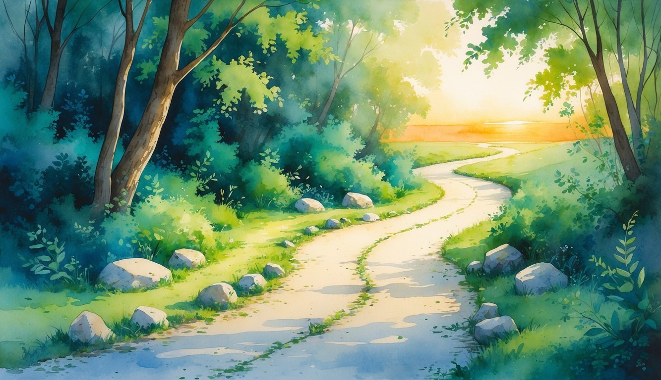 A winding forest path with small stones and roots, sunlight filtering through trees, leading toward a glowing horizon.