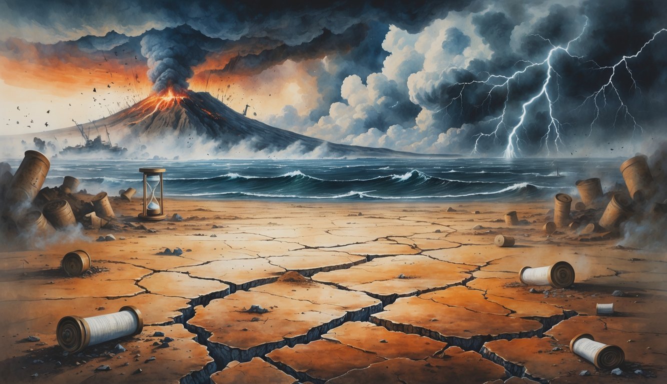 A landscape showing drought-stricken cracked earth, erupting volcano, violent storms over the sea, and tornadoes, symbolizing natural disasters and famine.