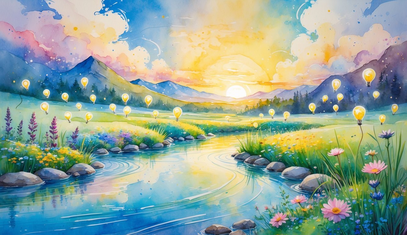 A peaceful river flowing through a colorful landscape with glowing light bulbs floating upward and a bright sunrise over mountains in the background.