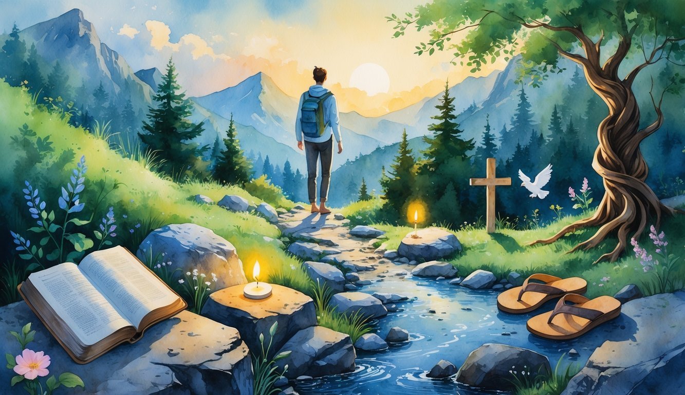 A person walking up a mountain path surrounded by trees and flowers with symbols like a Bible, candle, praying hands, sandals, heart-shaped leaf, dove, and cross along the way.