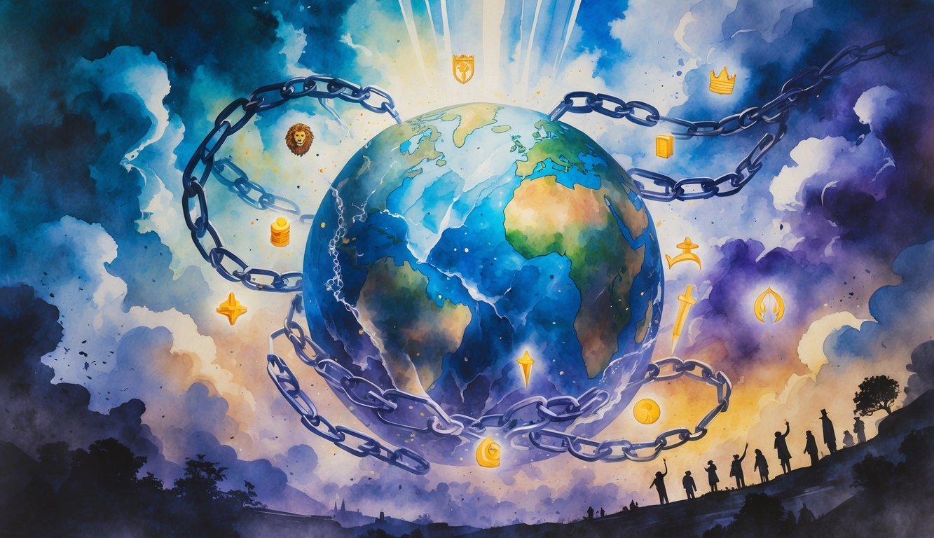 A globe surrounded by dark clouds and chains with twelve glowing symbols representing Bible prophecies emerging from mist, under a stormy sky with rays of light shining through.