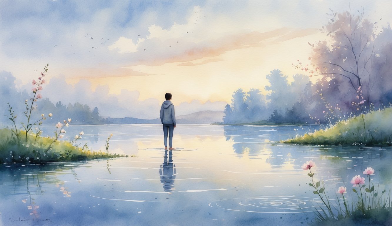 A person standing by a calm lake at dawn surrounded by blooming flowers and budding trees, with soft light reflecting on the water.