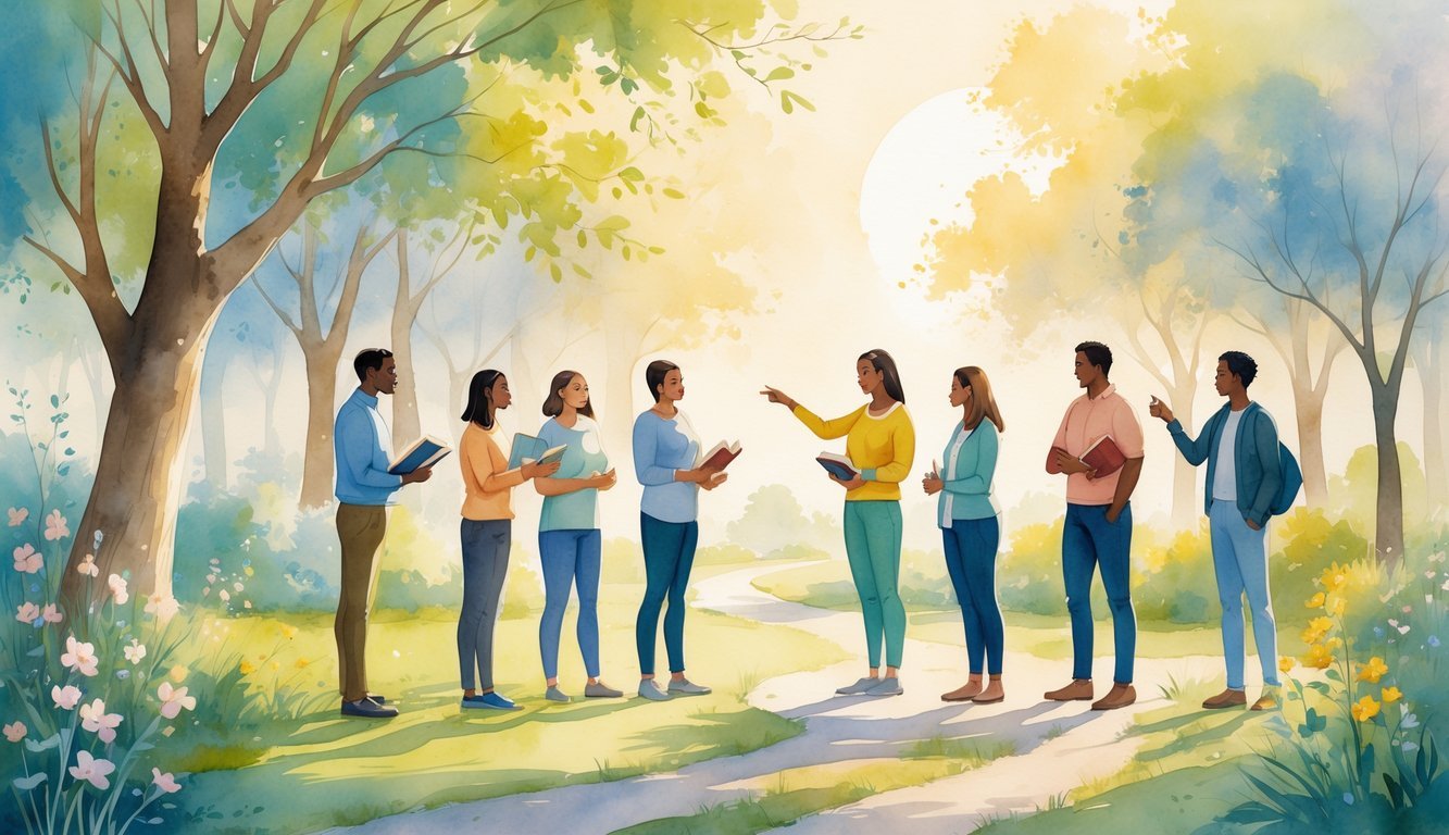 A group of people talking and helping each other outdoors near trees and flowers, with a path leading forward.