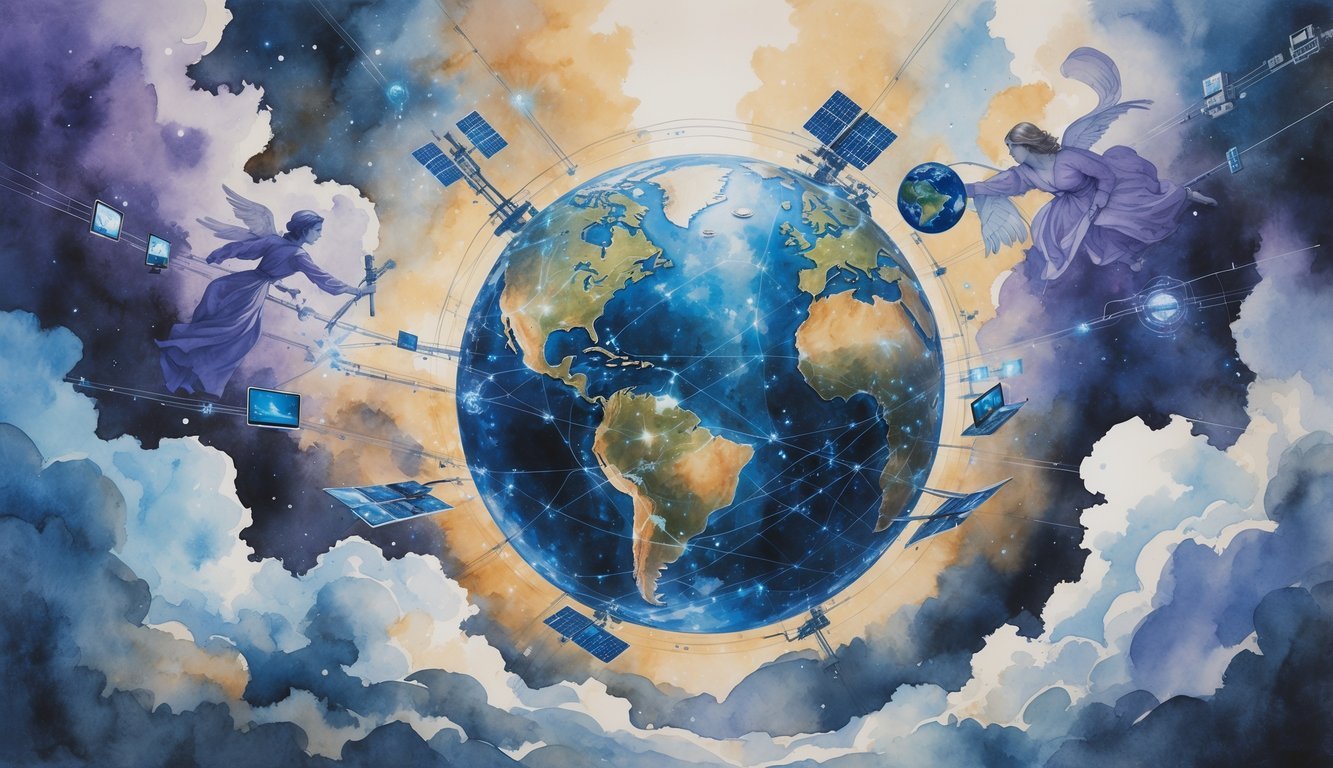 A glowing Earth surrounded by satellites and digital signals with faint angelic figures and ancient scrolls in the sky, blending technology and spiritual symbols.