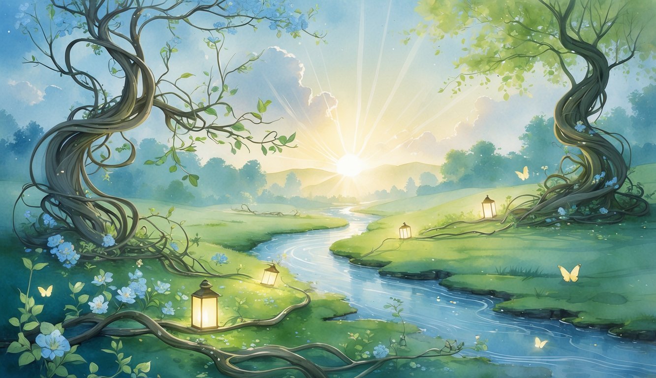 A peaceful morning landscape showing blooming flowers, green leaves, a winding path leading to a bright horizon, with sunlight breaking through clouds and butterflies flying nearby.