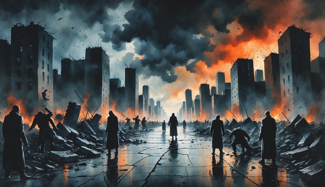 A dark city in chaos with broken buildings and shadowy figures acting unlawfully, under a stormy sky with glowing ancient symbols above.
