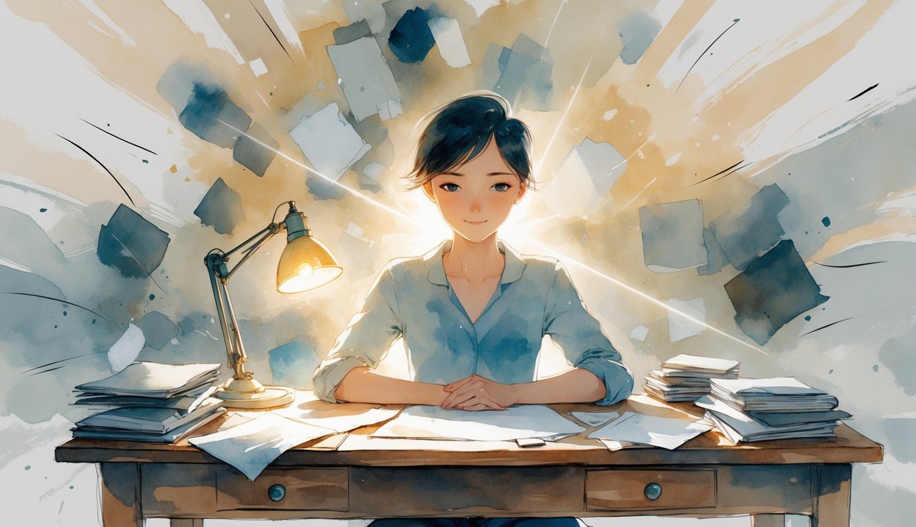 A person sitting calmly at a cluttered desk, focused and determined amid a swirling background of abstract shapes representing chaos.