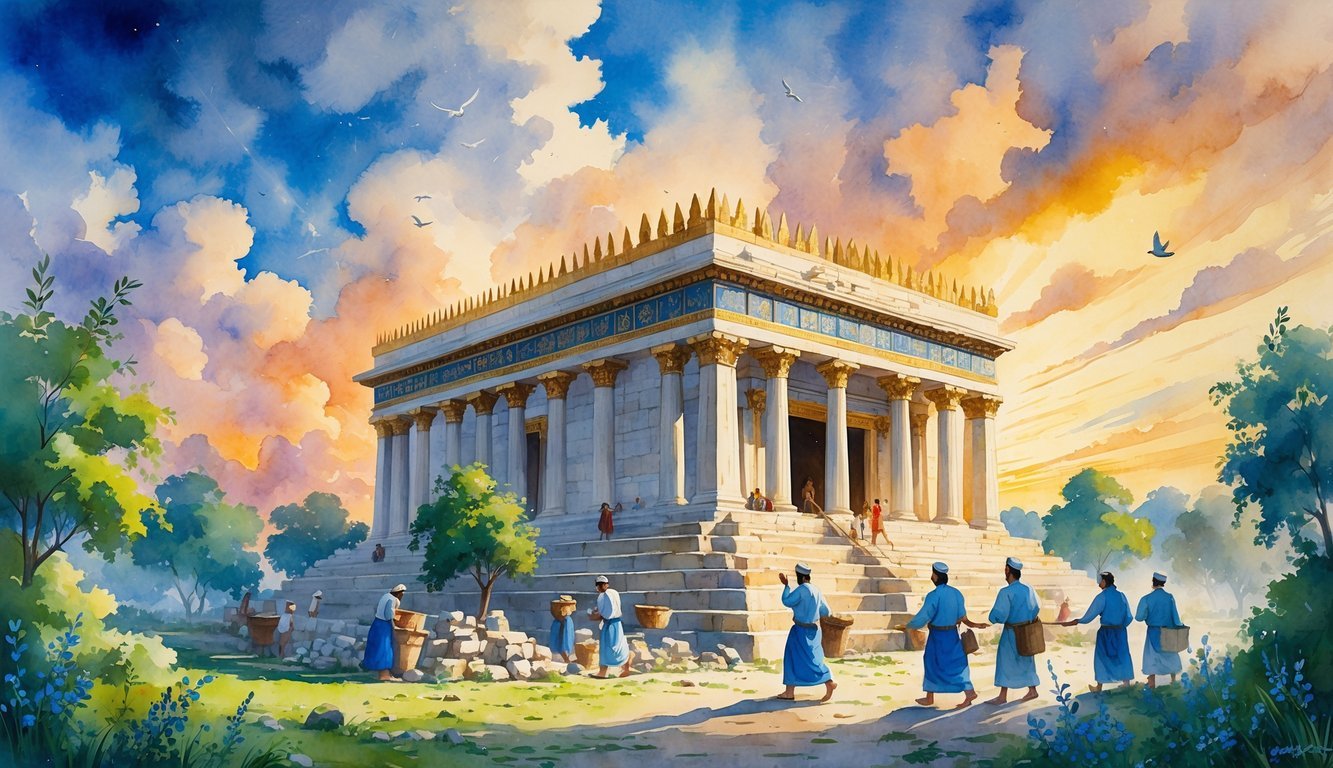 An ancient temple being restored with people working around it under a glowing sky, surrounded by trees and flowers.