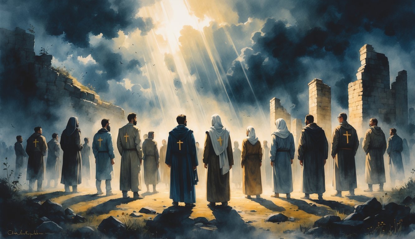 A group of people standing together with crosses and fish symbols, surrounded by stormy skies and ancient ruins, with light shining through clouds above.