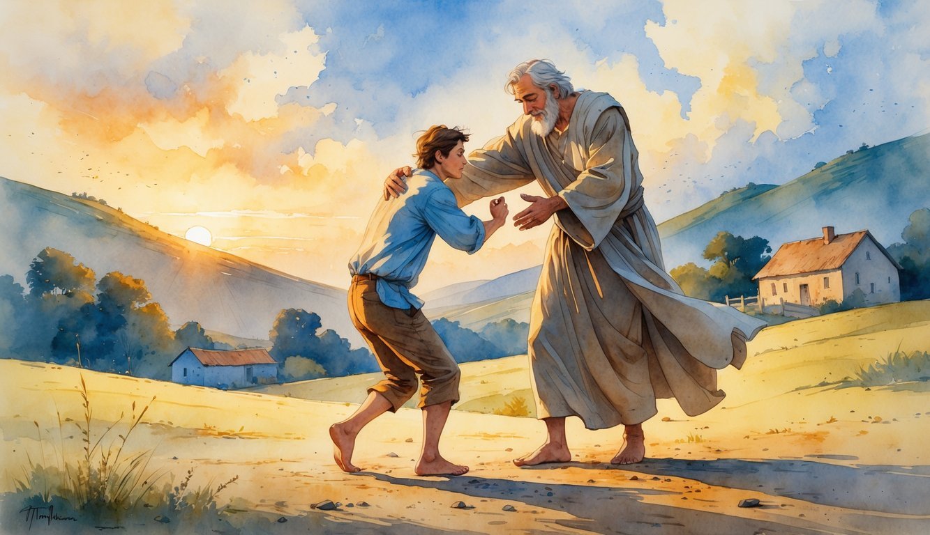 A young man in worn clothes embraces an older man in robes in a countryside setting at sunset, showing forgiveness and love.