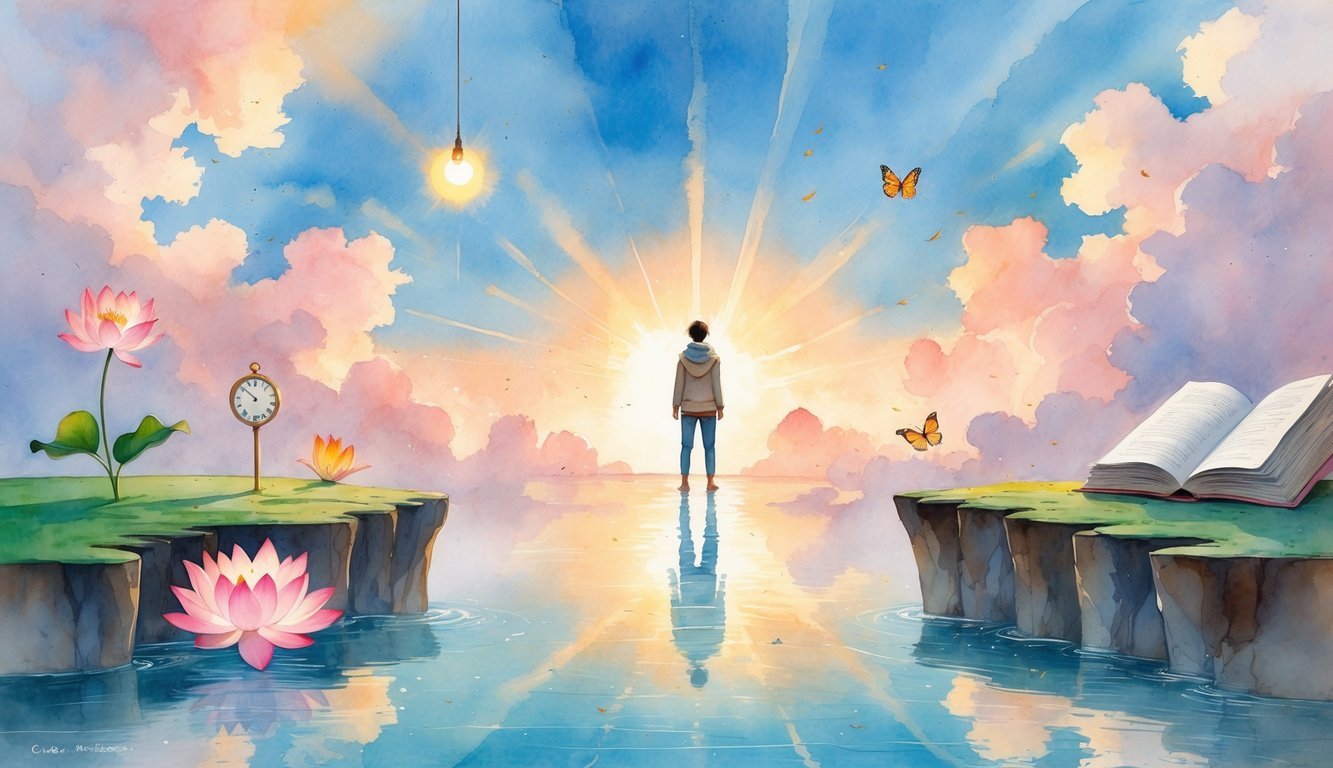 A person standing on a cliff edge looking at a glowing sunrise with symbolic elements like a lotus flower, butterfly, lightbulb, and a winding path around them.