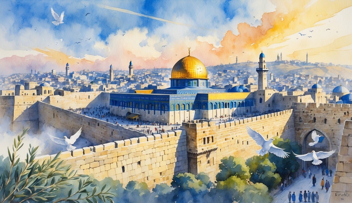 A sunrise view of Jerusalem showing the ancient city walls, the Dome of the Rock, and people near the Western Wall, with olive branches and doves in the scene.