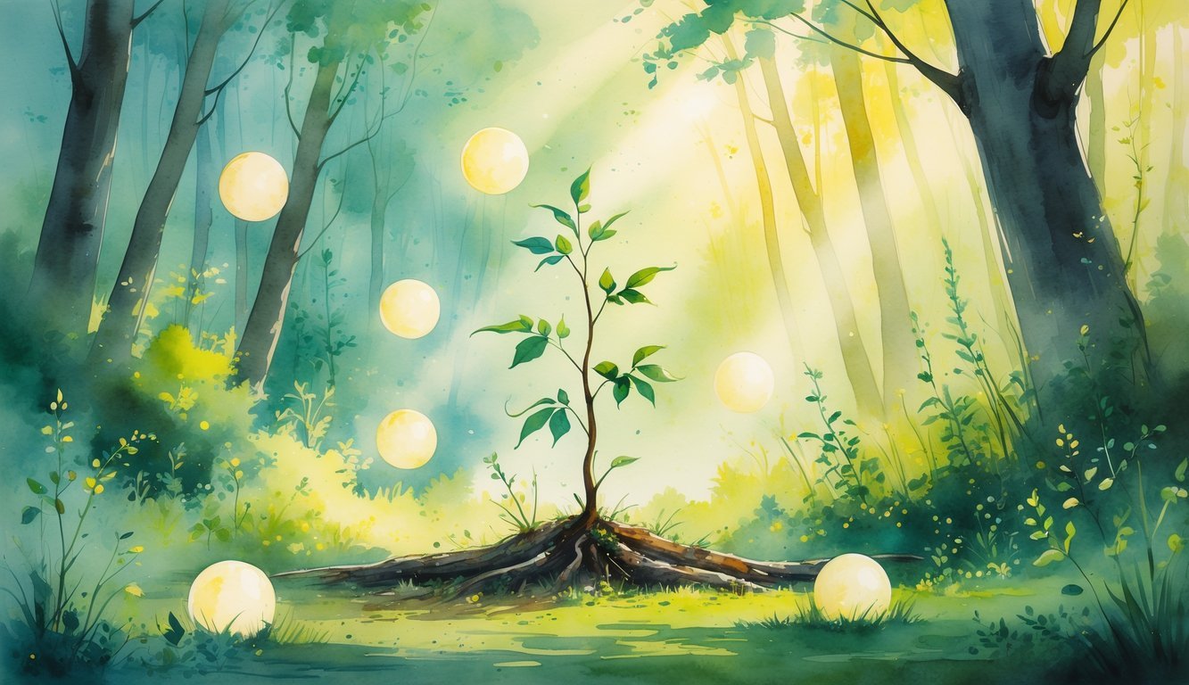 A young tree growing in a sunlit forest clearing surrounded by glowing orbs and wildflowers.