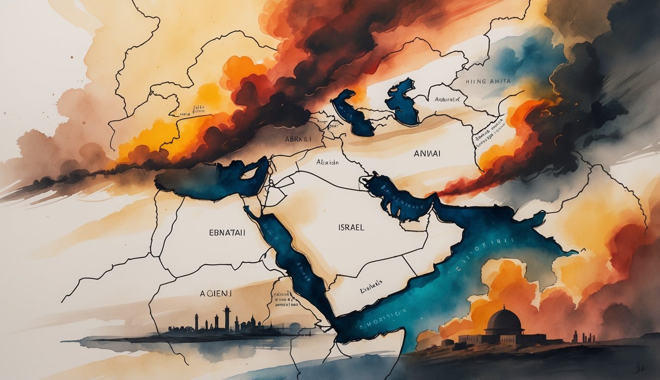 A map of the Middle East centered on Israel showing surrounding countries with symbols of conflict like smoke and fire, under a turbulent sky.