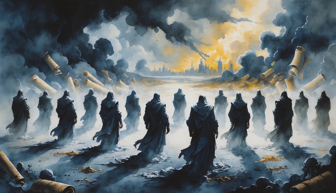 A group of twelve shadowy figures in tattered robes stand scattered across a stormy landscape with dark clouds, with a glowing city visible in the distance.