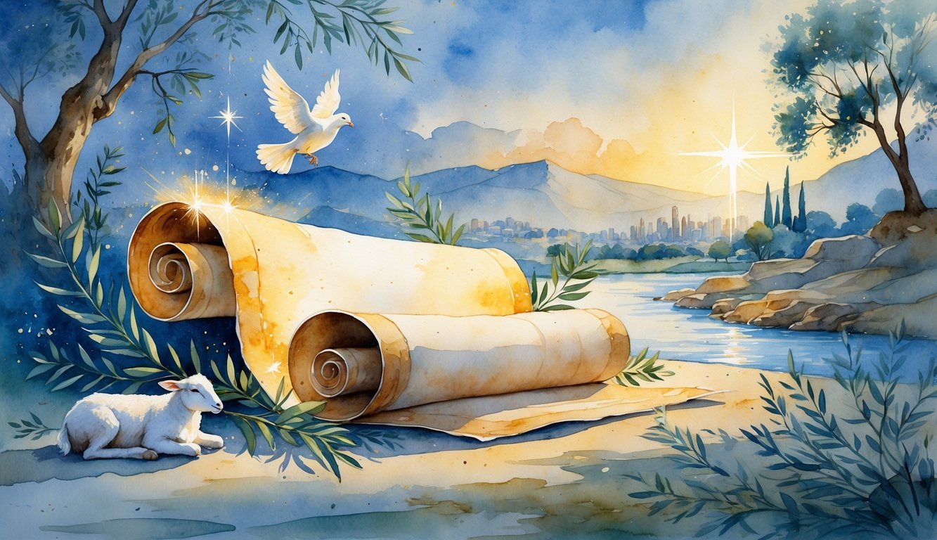 A peaceful scene showing an ancient scroll glowing with light, a dove descending, a star above a city, a lamb by a river, and a sunrise over mountains and olive trees.