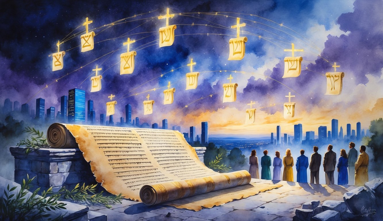 A scene showing an ancient scroll on a stone altar surrounded by olive branches and ruins, with twelve glowing symbols floating above, connected by golden threads to a modern city skyline, a satellite, and people looking up in awe under a twilight sky.