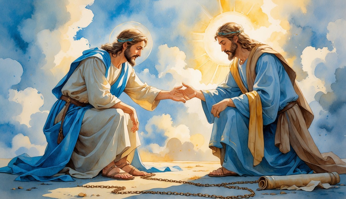 Two figures in an outdoor setting, one kneeling with a remorseful expression while the other reaches out a hand in forgiveness, with soft light shining through clouds in the background.
