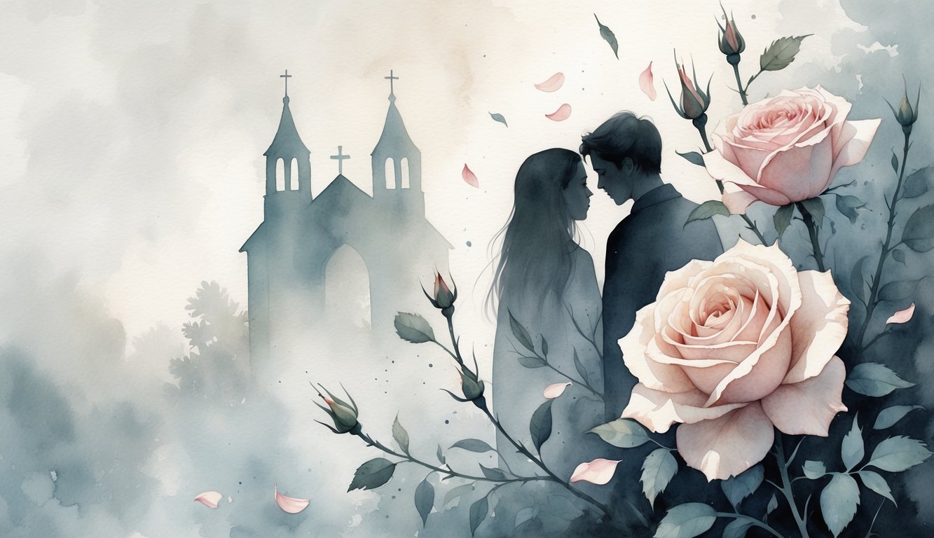 Two shadowy figures whisper behind a thorny rose bush with a faint church silhouette in the misty background.