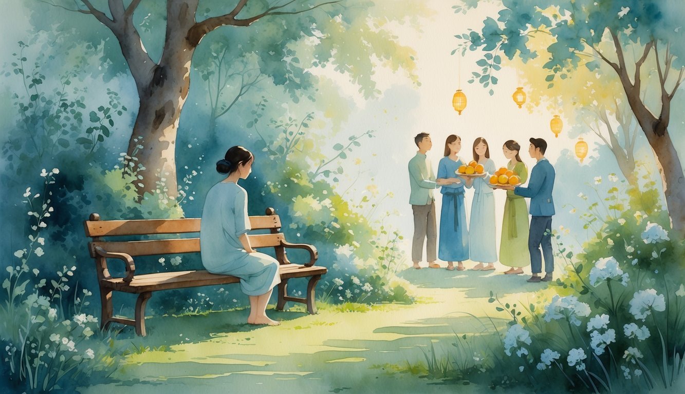 A person sitting alone on a bench in a garden, quietly watching a group of people sharing fruit and light.